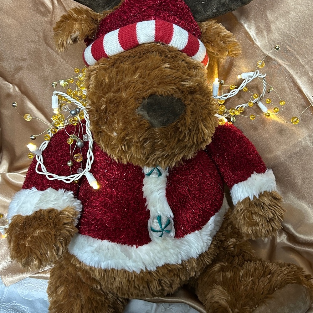 Festive Brown Plush Reindeer with Red Santa Outfit .JC Penny collection